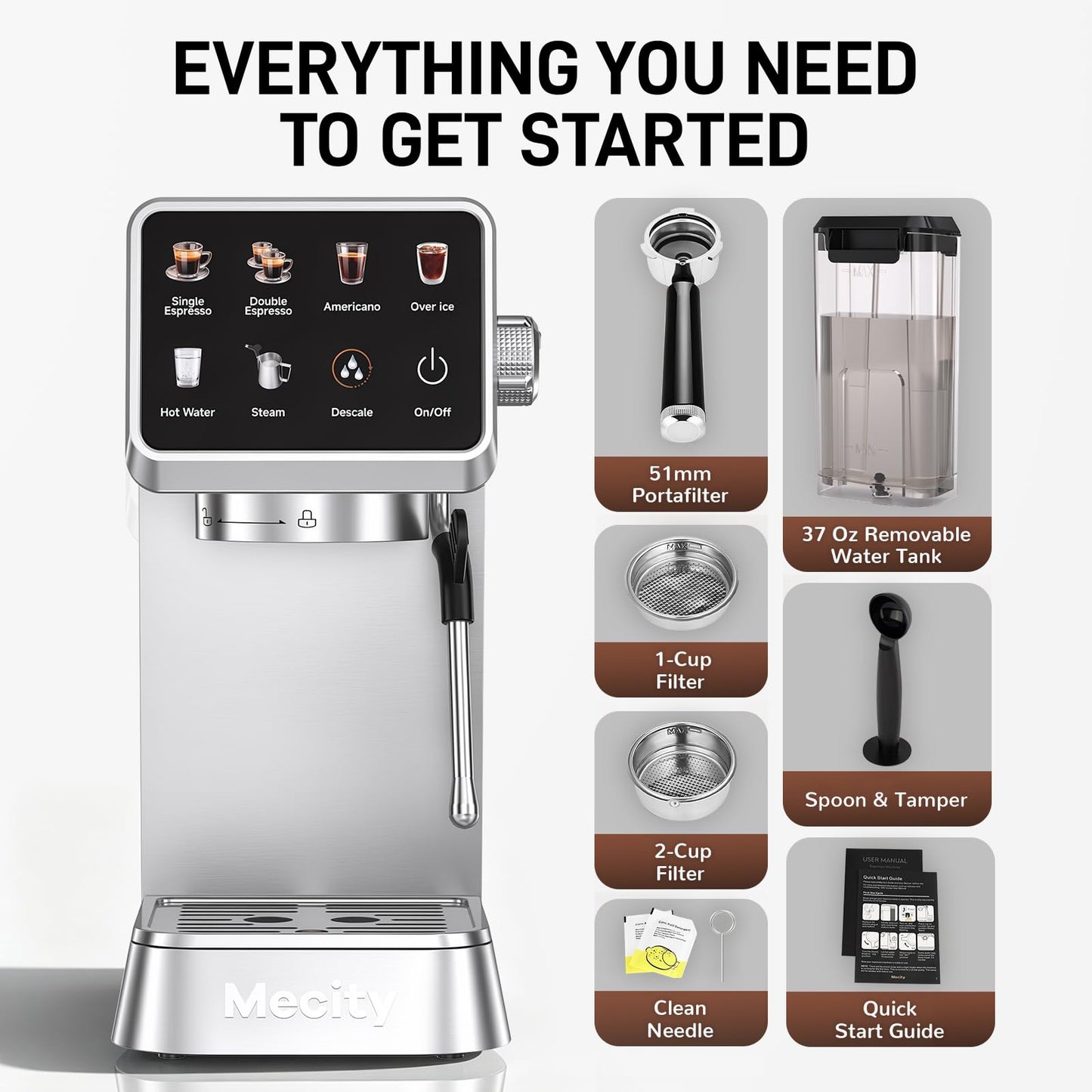 Mecity 20 Bar Espresso Machine with Milk Frother, Touchscreen Coffee Maker for Espresso, Americano & Over Ice Coffee, Compact Stainless Steel Latte & Cappuccino Maker