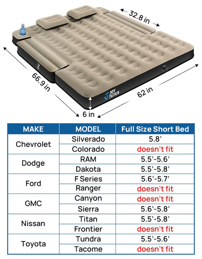 JOYTUTUS Truck Bed Mattress for 5.5-5.8Ft, Full Size Inflatable Mattress Pickup Short Beds for Outdoor Camping, with Carry Bag & Cup Holder & Cavity Design, Camel&Black