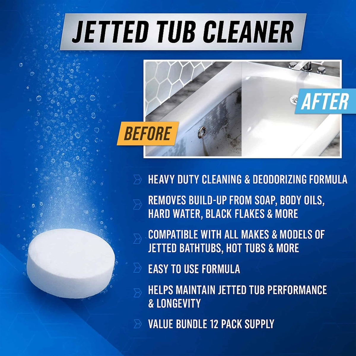 **Jetted Tub Cleaner | 12 Active Cleaning Tablets for Whirlpool & Spa Baths - Septic Safe & Effective**