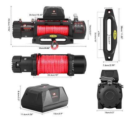RHINOVAL 13000lb Electric Winch, Synthetic Rope, Battery Disconnect Switch, Low Profile Control Box, 12V, IP67 Waterproof, Wireless Remote, for Offroad Recovery SUV, Truck, Boat Trailers, Flatbeds