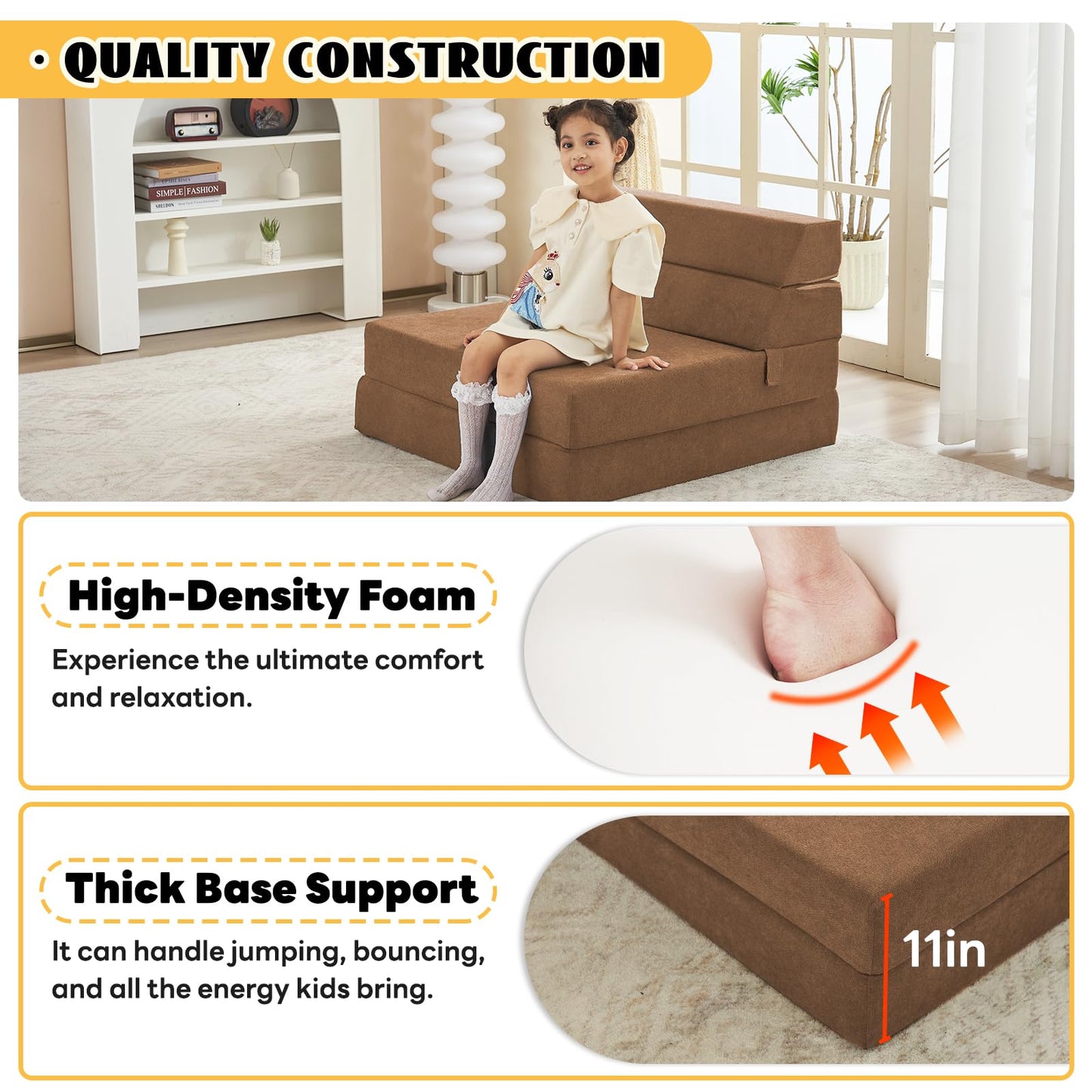jela Foldable Sofa Bed Large Soft Foam Convertible Sleeper Chair Luxury Miss Fabric Fold Out Chair Bed Floor Couch with Back Support Floor Sofa for Living Room Bedroom (83"x33",Coffee Brown)