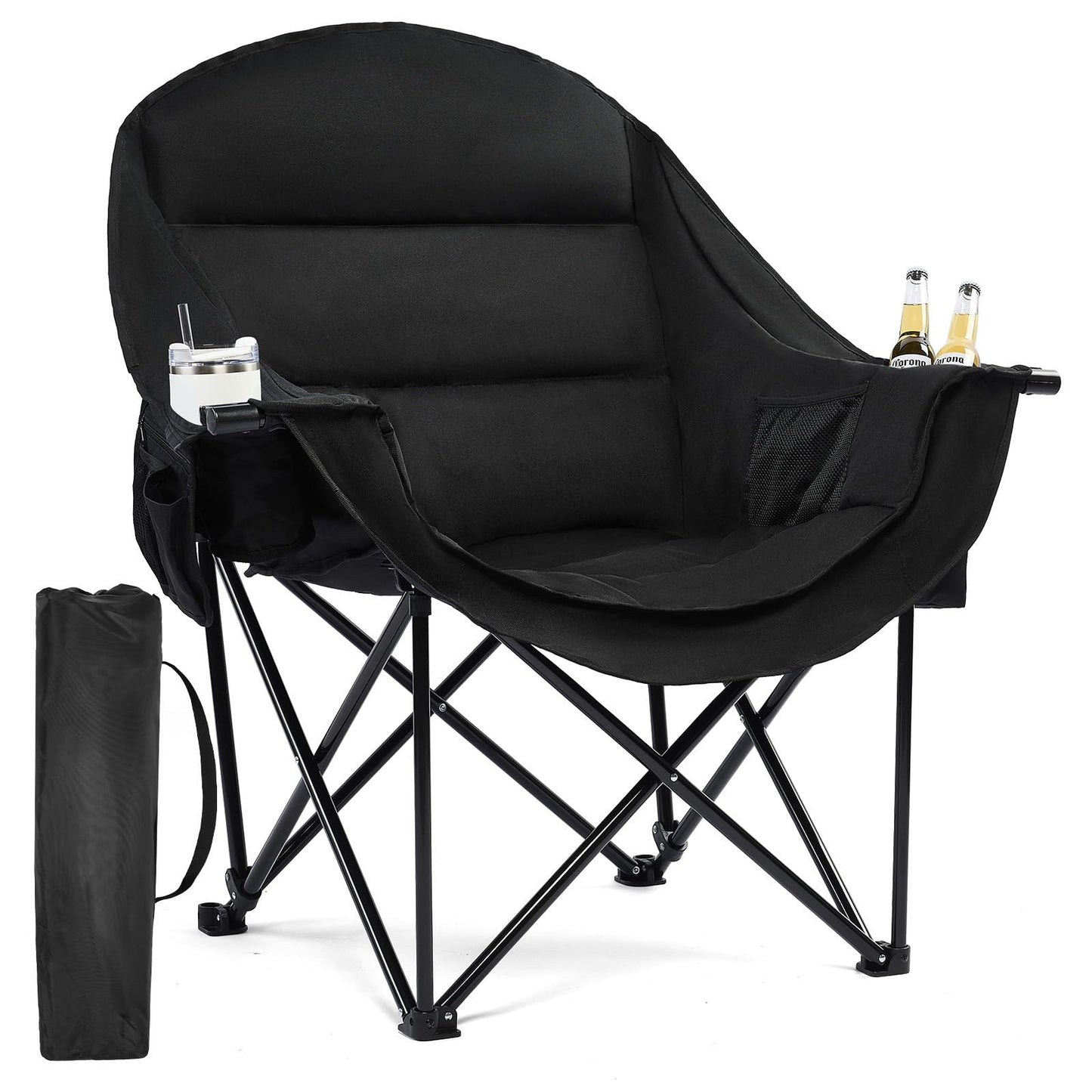 Oversized Camping Chairs for Adults - Heavy Duty Padded Outdoor Folding Lawn XL Camp Chair with Cup Holder Cooler Pockets for Outside Sports Beach Fishing Garden Portable Supports 500lbs, AllBlack