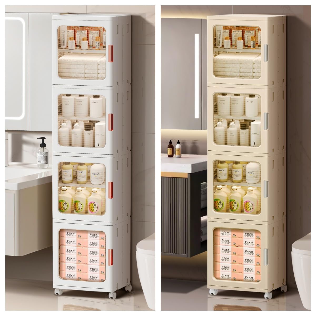 BUMODEL 4-Tier White Slim Storage Cabinet and 4-Tier Beige Slim Storage Cabinet with Doors and Adjustable Shelves