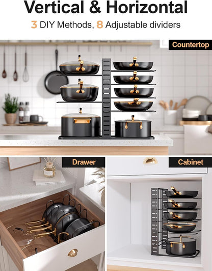 MUDEELA Pots and Pans Organizer Rack under Cabinet 14.55in Height, 8-Tier Kitchen Cabinet Organizers and Storage, Light-Duty Adjustable Pot Racks, Pan Organizers inside Cabinet with 3 DIY Methods