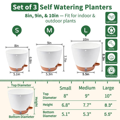 Heyfriday 3 Pack 8/9/10 Inch Hanging Self Watering Pots for Indoor/Outdoor Plants with Deep Reservoir,Drainage Holes,Water Level Indicator,Modern Decorative Flower Pots with Removable Hooks(White)