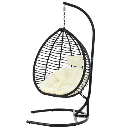 Merax Indoor Outdoor Hanging Hammock Chair with Stand, Foldable Rattan Egg Swing Chair with Iron Frame and Plush Cushion & Removable Headrest,Suitable for Porch Garden,Balcony,Indoor, Black+Beige