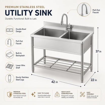42" x 22" Freestanding Stainless Steel Utility Sink with Pull Down Faucet and Workbench Top, Extra Wide Basin for Laundry Room, Garage, or Workshop