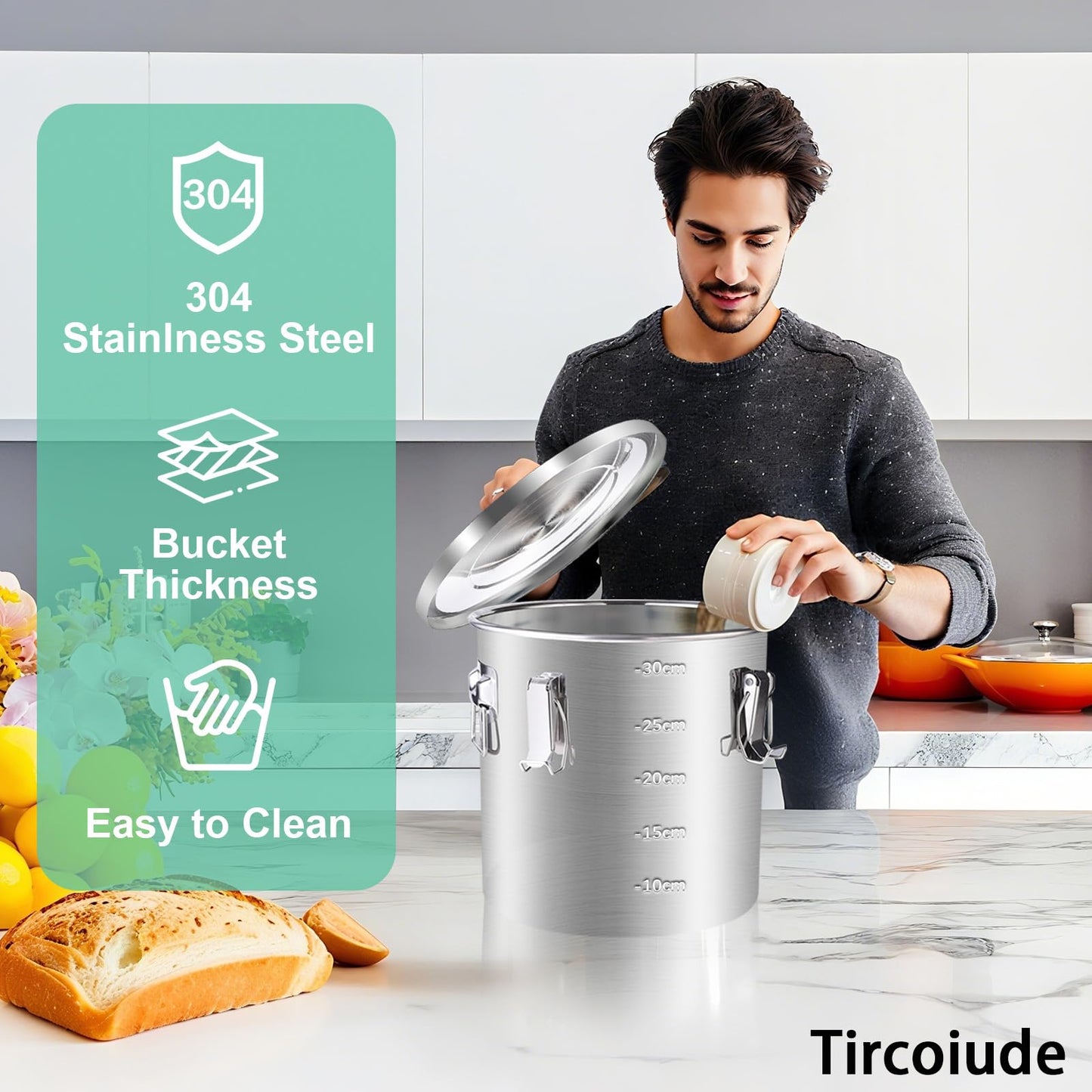 Tircoiude 304 Stainless Steel Flour Canister, 12.7 Gal Airtight Metal Canisters with Lids, Dog Food Storage Container for Rice, Bird Seed, Commercial Milk Storage 48L