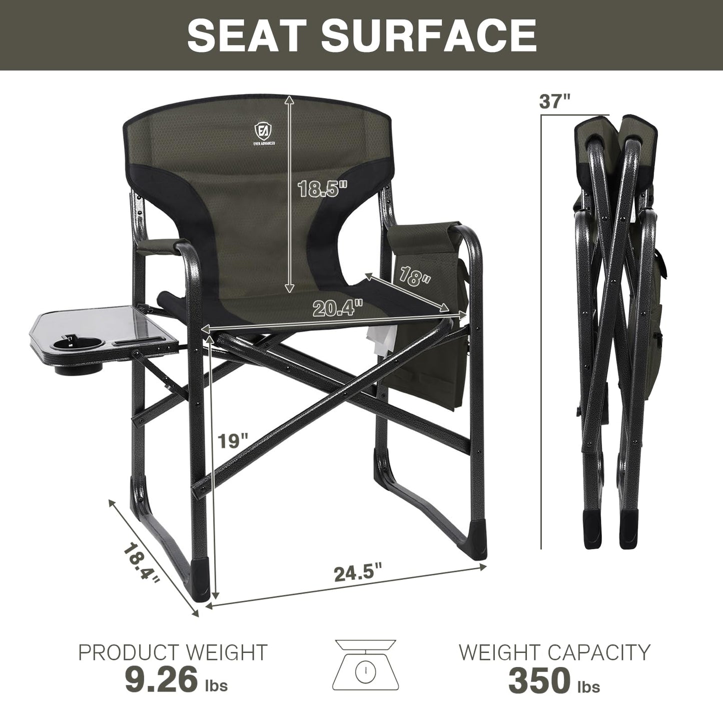 EVER ADVANCED Aluminum Lightweight Folding Director Chair, 350lbs Heavy Duty Camping Chair with Side Table & Storage, 19" Joint-Friendly Height Easy to Stand, Portable Makeup Artist & Vendor Chair