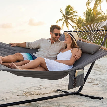 GAFETE 2 Person Hammock with Stand for Outside, Heavy Duty Steel Stand, 55inch Double Hammocks, Large Removable Pillow, Storage Bags, Max 475 lbs Capacity (Haze Gray)