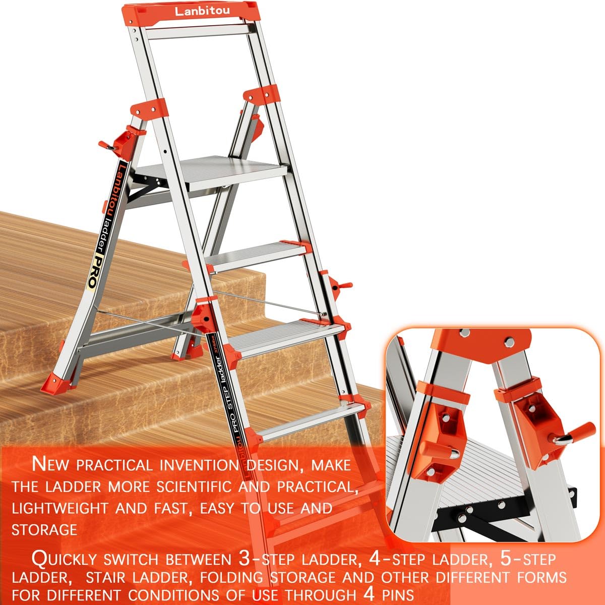 LANBITOU Ladder, Aluminum 5 Step Ladder with Handrails, Anti-Slip Wide Pedal, Tool Platform, Folding Step Stool Step Ladder for Stairs Home Outdoor Work, Lightweight-Portable, 330lbs-Capacity,