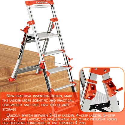 LANBITOU Ladder, Aluminum 5 Step Ladder with Handrails, Anti-Slip Wide Pedal, Tool Platform, Folding Step Stool Step Ladder for Stairs Home Outdoor Work, Lightweight-Portable, 330lbs-Capacity,