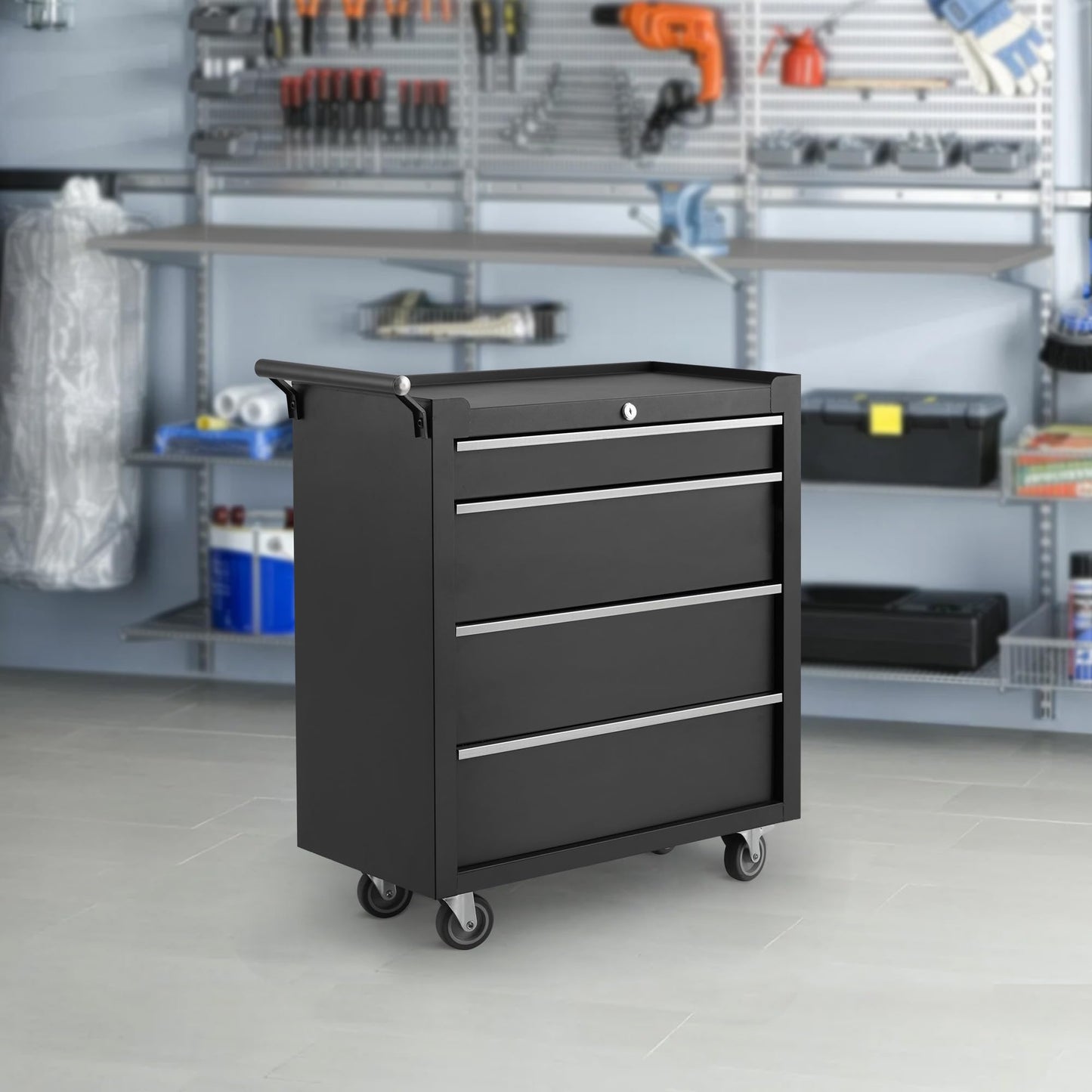 Rolling Tool Chest with Wheels, 4 Drawer Tool Storage Cabinet, Portable Toolbox Organizer with Lock, Heavy Duty Tool Chest Cart for Garage, Mechanic, Workshop, Shop, Mobile Tool Organizer, Black