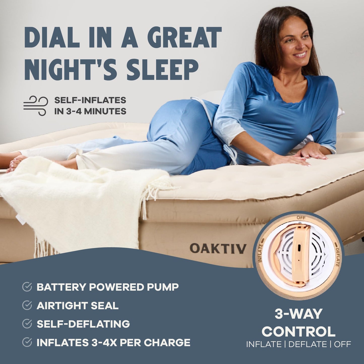 Oaktiv Twin Air Mattress with Frame, Self Inflating/Deflating Bed for Adults - PeakRest Blow Up Bed, Camping Cot with Mattress - Portable with Travel Rolling Case on Wheels