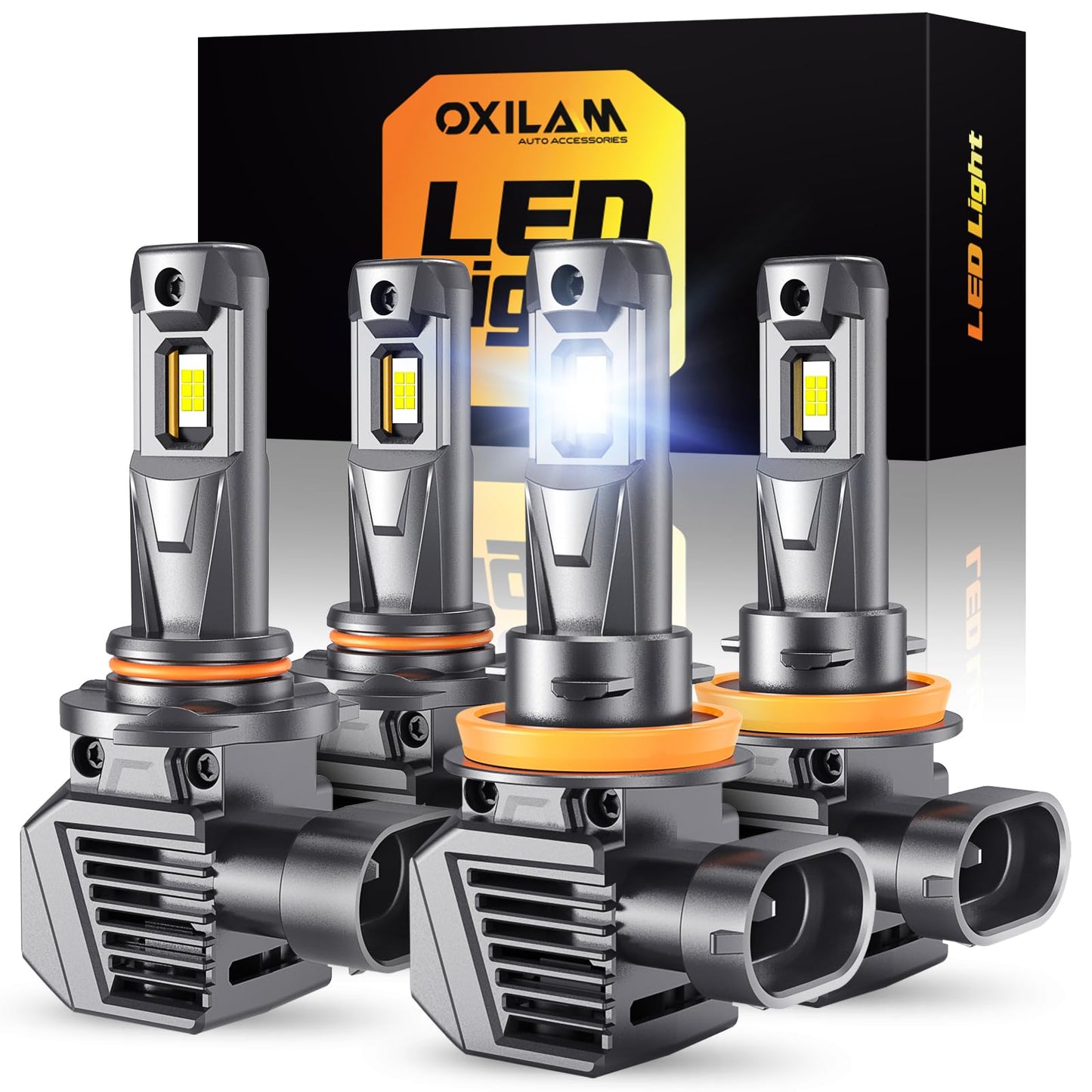 OXILAM M5S H11 9005 Light Bulbs Combo, 130,000LM 1500% Brighter 6500K Cool White, 9005/HB3 Hi-Beam H11/H9/H8 Lo-Beam Halogen Replacement, IP68 Waterproof, Pack of 4