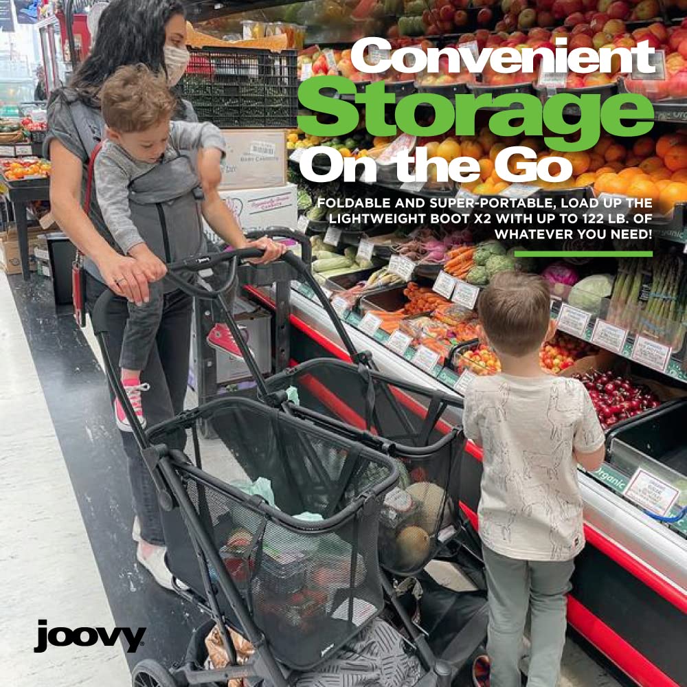 Joovy Boot X2 Shopping Cart Featuring 122 lbs Total Weight Capacity, Dual Removable Totes, Swivel Tires for Easy Steering, One-Handed Compact Fold, and One-Step Parking Brake (Black Frame)