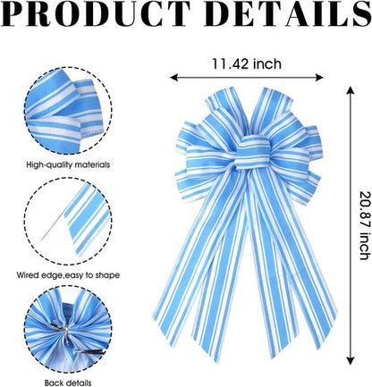Blue White Striped Wreath Bow - Large 20x11 Inch Premade Baby Shower Decor for Front Door