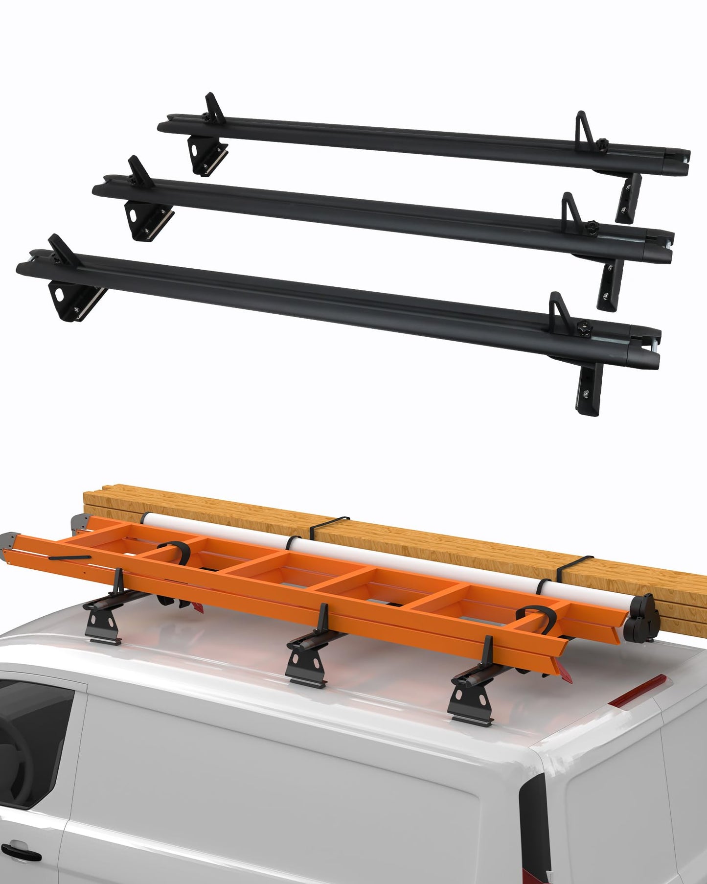 MELIPRON Aluminum Van Roof Rack Fit for Ford Transit, Ram Promaster, Nissan NV, No Drill Cargo Van Ladder Rack, Aerodynamic Quiet T-Slot 3 Crossbars, Black
