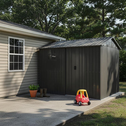 KEIKI 8x6 FT Galvanized Steel Shed with Sliding Door, Heavy Duty Metal Outdoor Storage Tool Shed Waterproof Rust Resistant Weatherproof Vented Window for Backyard Garden Patio, Black