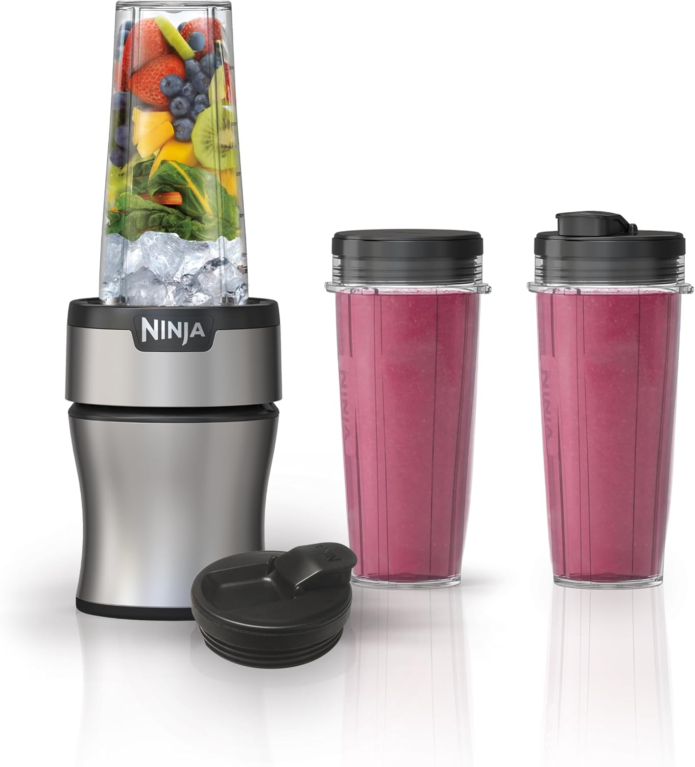 Ninja Nutri-Plus Personal Blender - Compact Push-To-Blend for Smoothies & Frozen Drinks | 3 To-Go Cups & Lids | 900 Peak Watt | Silver | BN301