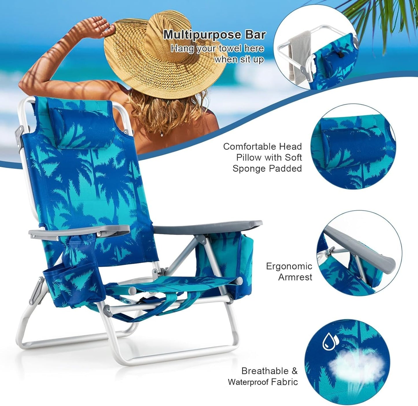GYMAX Beach Chairs, Backpack Camping Chair with Armrest, Cooler Bag, Cup Holder, Towel Bar & Side Pockets, Sunbath Sling Tanning Lounge, Folding Layout Chair (with Table, Coconut Tree)