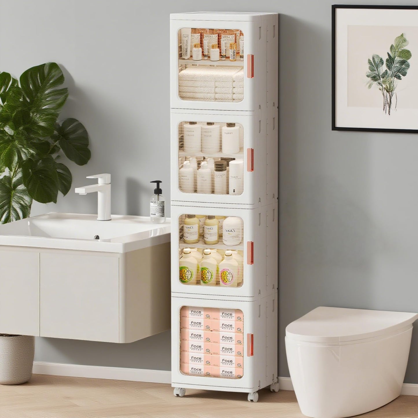 KINDLYF 4-Tier Narrow Storage Cabinet Foldable Plastic Bathroom Organizers with Magnetic Doors & Adjustable Shelves, Slim Storage for Small Spaces Pantry Kitchen Laundry Room Quick Assembly, White