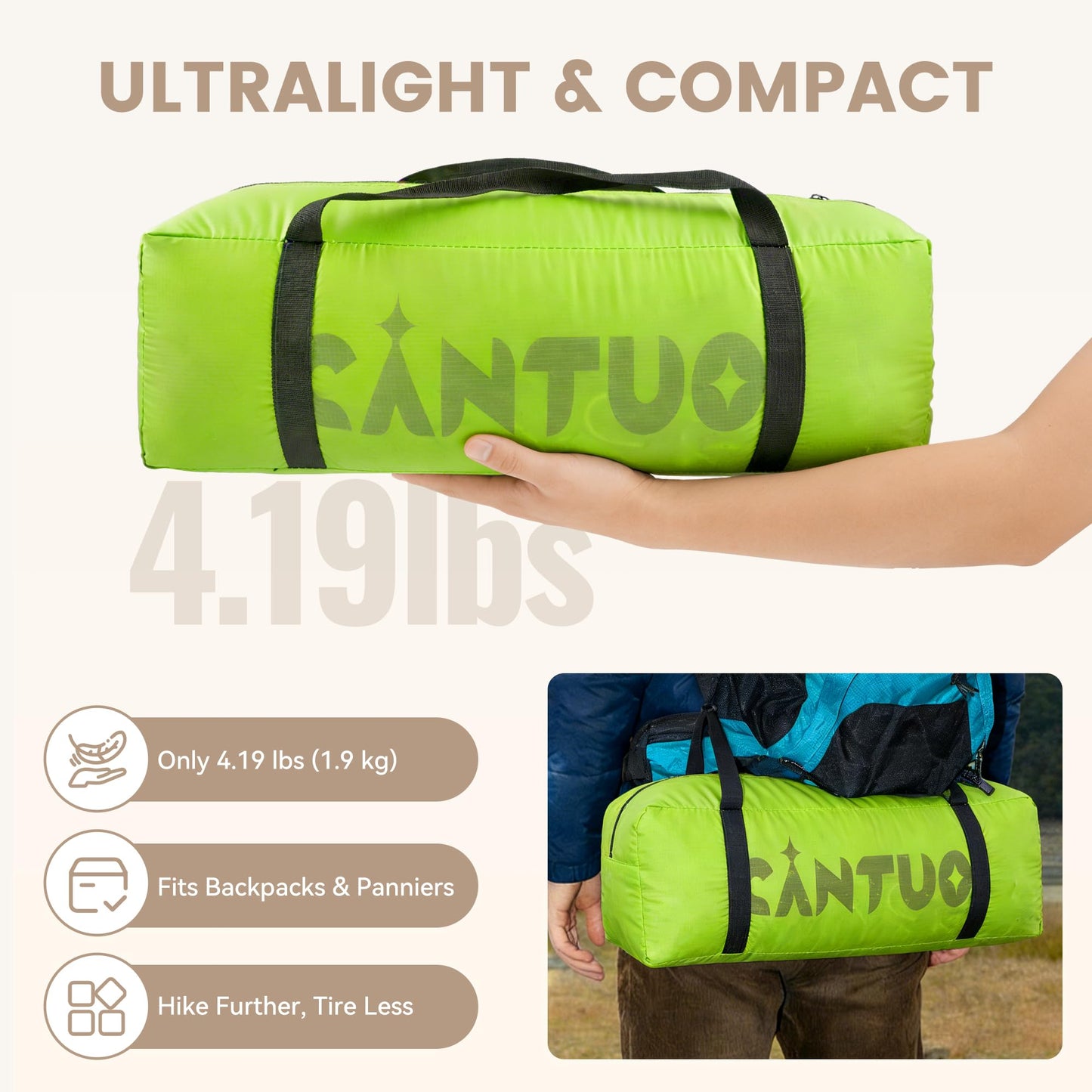 CANTUO Ultralight Camping Backpacking Tent 2 Person - Windproof & Waterproof PU5000mm 20D Nylon Tents for Camping, Hiking, Bikepacking