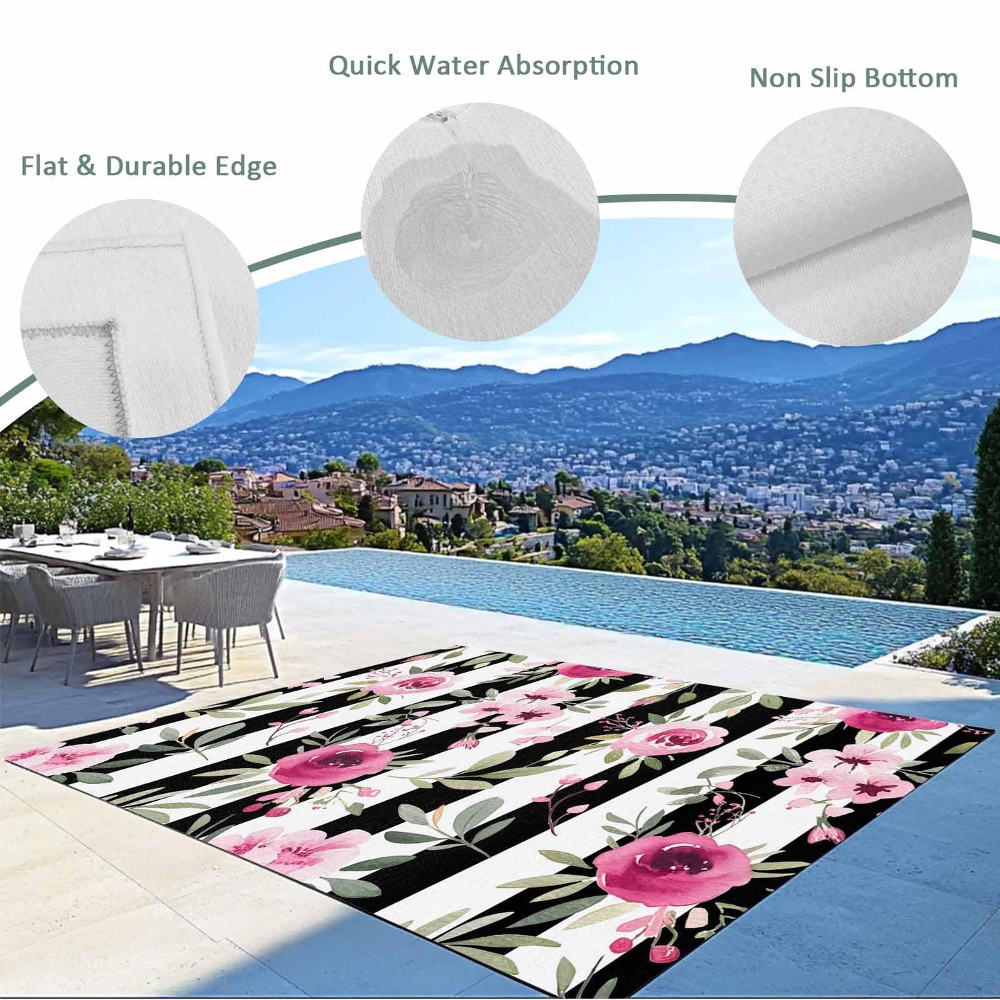 Outdoor Patio Rugs Pink Flowers Illustration Outdoor Area Rug Black and White Stripe Non-Slip Backyard/Camping RV Rug/Deck/Porch Rug Front Door Floor Mat Carpet,5x8ft,