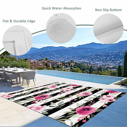 Outdoor Patio Rugs Pink Flowers Illustration Outdoor Area Rug Black and White Stripe Non-Slip Backyard/Camping RV Rug/Deck/Porch Rug Front Door Floor Mat Carpet,5x8ft,