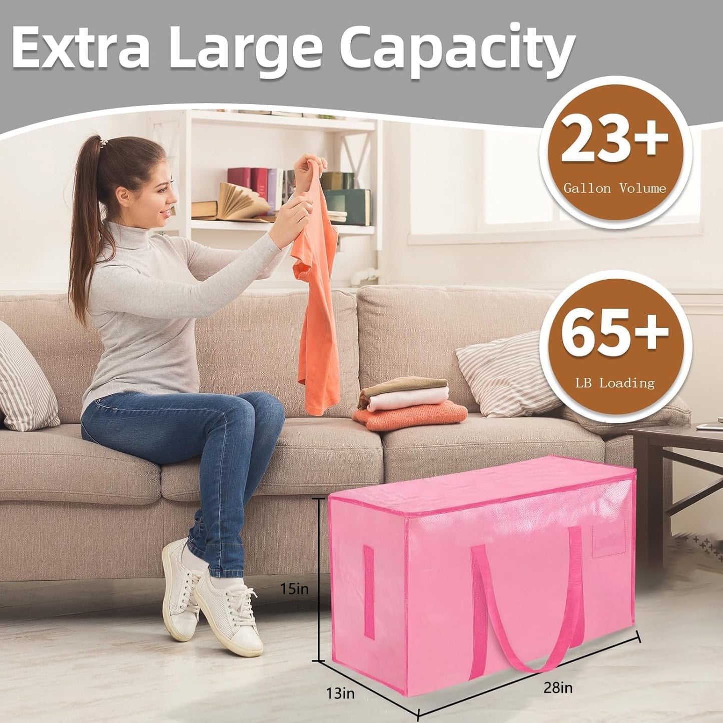 Skiennix Extra Large Heavy Duty Moving Bags - Waterproof Storage Totes with Handles & Zippers | Foldable for College Dorms (Pink)