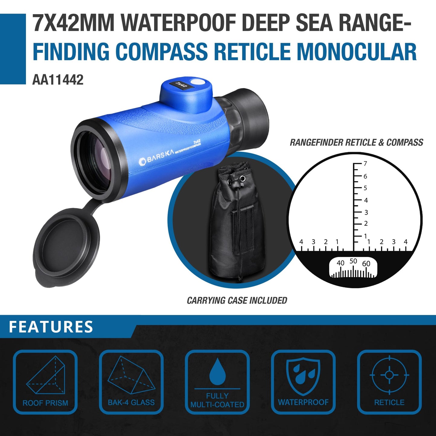 Barska 7x42 Deep Sea Waterproof Monocular with Compass & Rangefinding Reticle – Marine, Sailing & Outdoor Adventure Gear