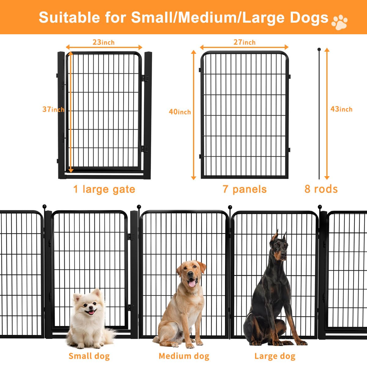 Dog Fence Outdoor Pens Outside,Portable Dog Play Pen 40" H 8 Panels Pet Playpen Exercise Pens for Puppys Small Medium Large Dogs RV Camping Yard Garden Indoor Wide Gate