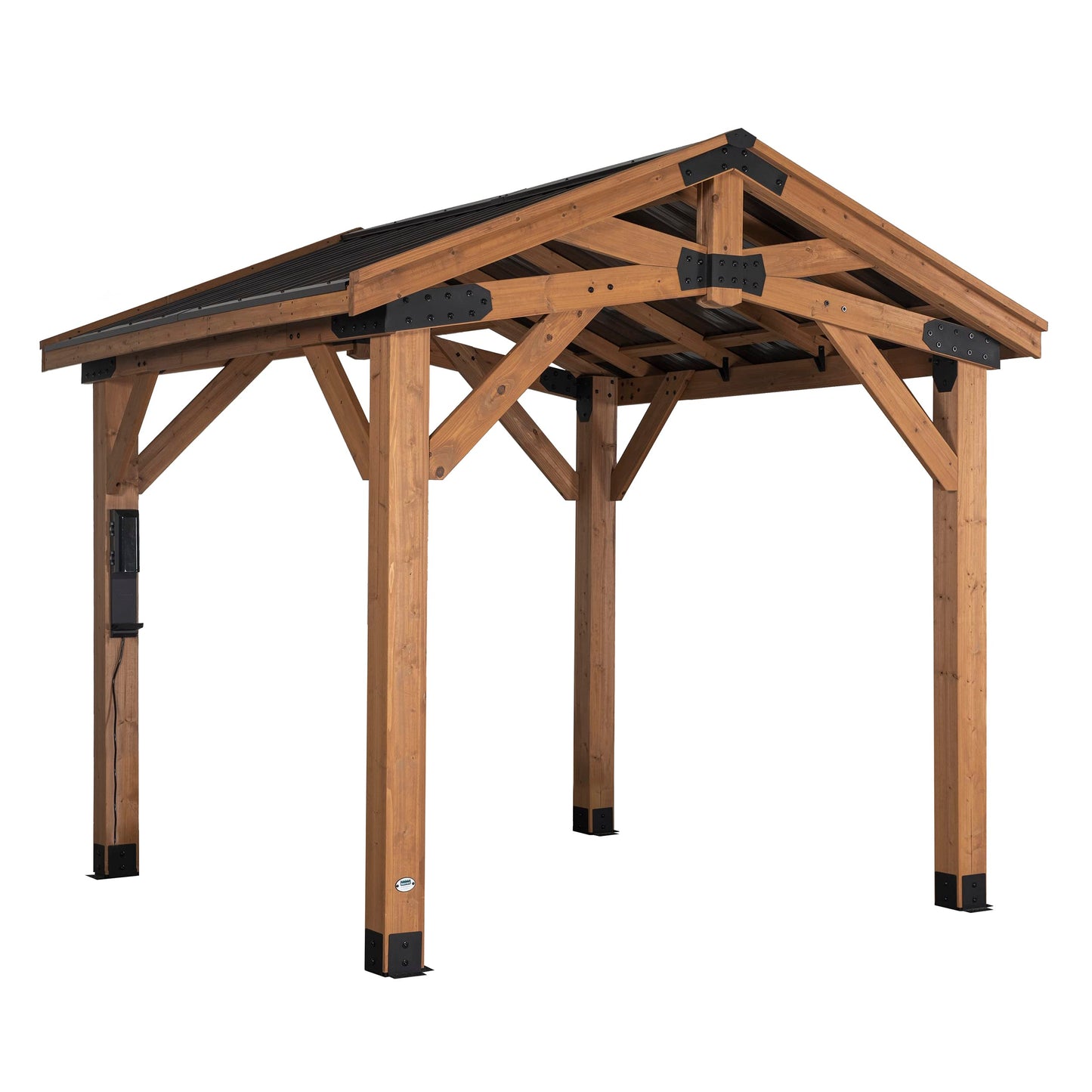 Backyard Discovery Norwood 10' x 10' Cedar Wood Outdoor Gazebo Pavilion with Hardtop Galvanized Steel Peak Roof, Snow Support, Wind Resistance, PowerPort, Shade for Garden, Patio, Deck, Entertaining