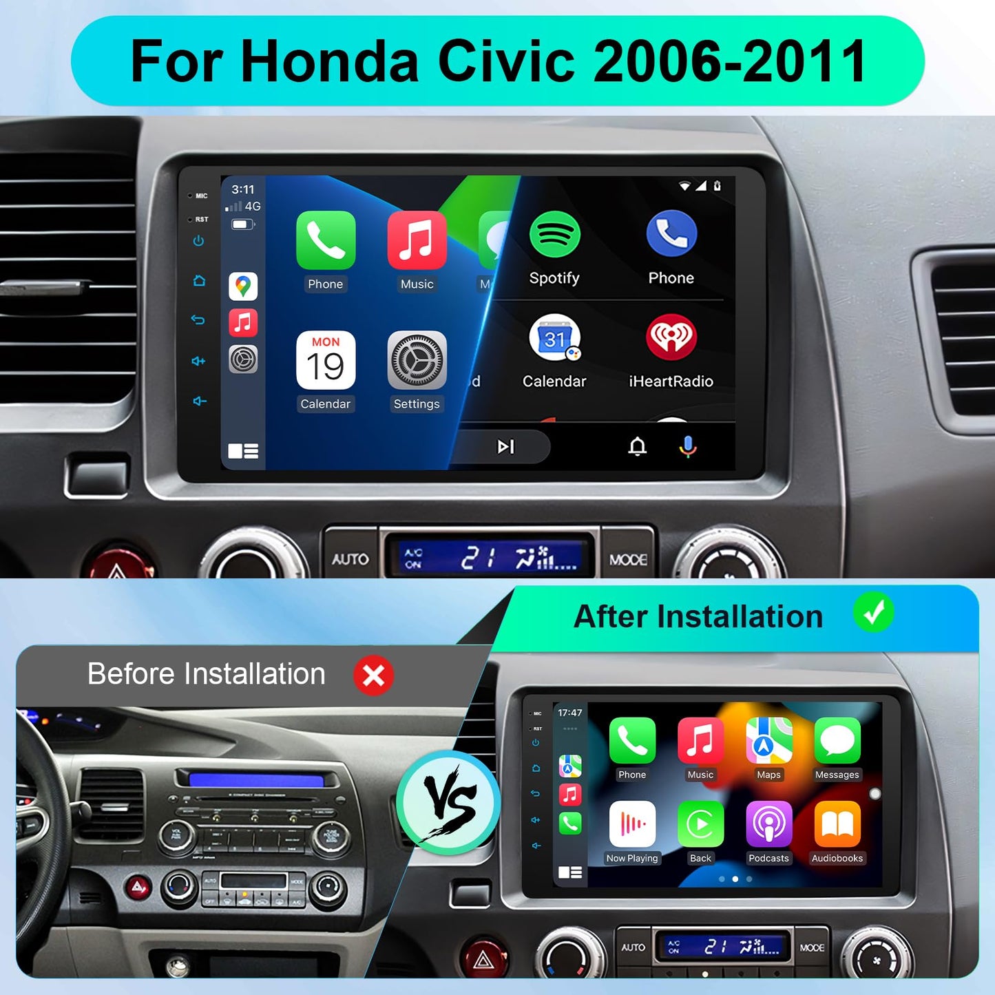 Car Stereo Radio for Honda 2006 2007 2008 2009 2010 2011 with Wireless Carplay & Android Auto,9 Inch 1080P Touch Screen for Civic Radio with Airbag Indicator Bluetooth FM Mirror Link SWC Camera