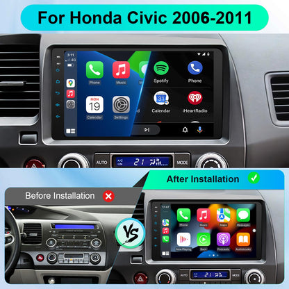 Car Stereo Radio for Honda 2006 2007 2008 2009 2010 2011 with Wireless Carplay & Android Auto,9 Inch 1080P Touch Screen for Civic Radio with Airbag Indicator Bluetooth FM Mirror Link SWC Camera