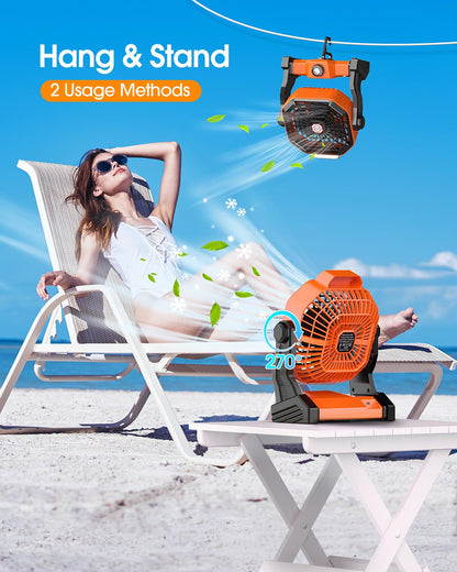 Solar Powered Fan,【Max 40H Runtime】Rechargeable Solar Camping Fans & Led Lantern,8-inch Portable Fan with Solar Panel,Battery Operated Powered Outdoor Tent Fans for Camping Essentials Accessories