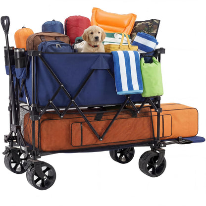 NEWBULIG Large Capacity Folding Double Decker Wagon with Brakes, 440lbs Wagons Carts Foldable Wagon Cart with Flexible Handle, All-Terrain Big Wheels for Grocery Sports Garden Camping