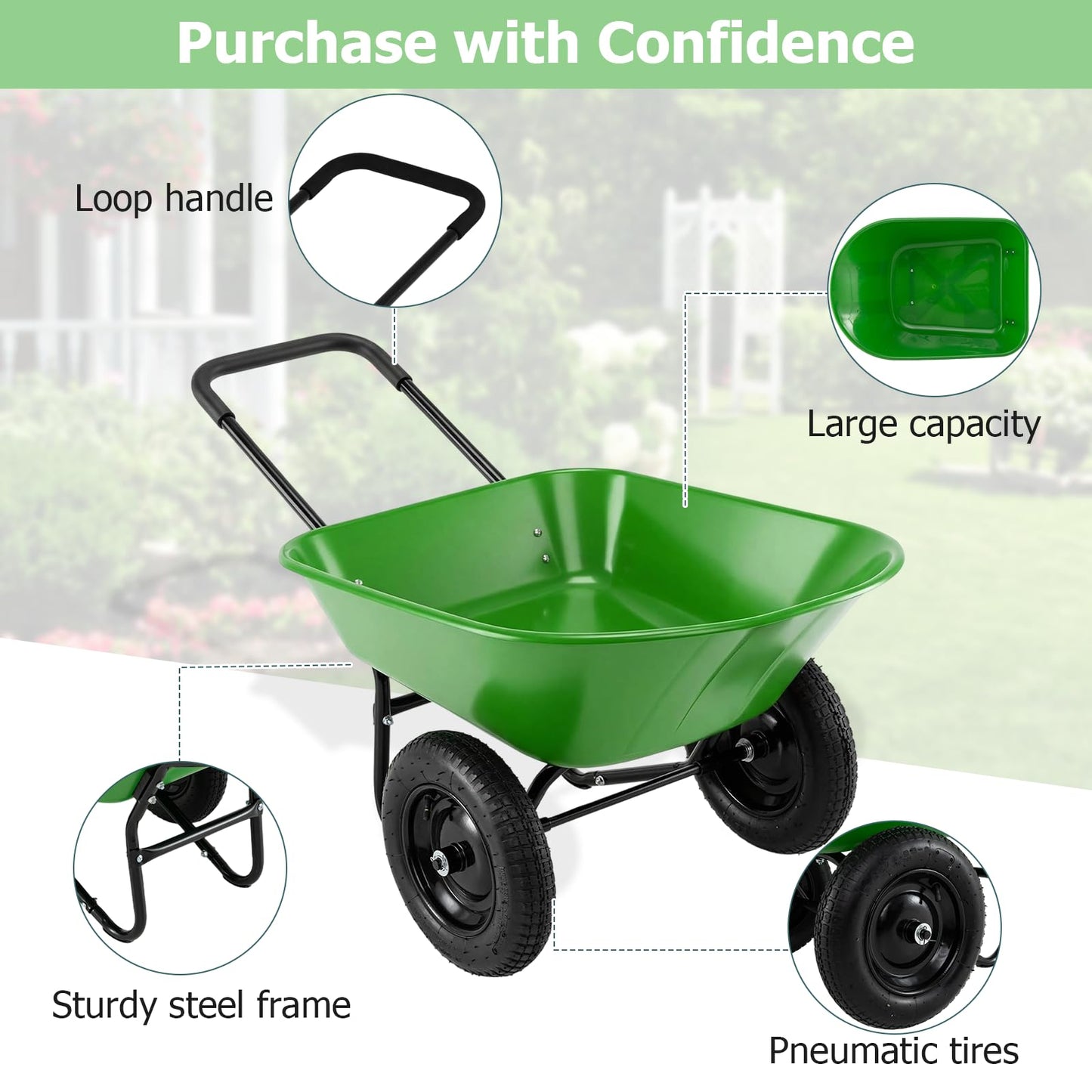 ERGOMASTER Dual-Wheel Wheelbarrow, Home Utility Garden Cart, Large Heavy Duty Yard Cart for Gardening (Bright Green)