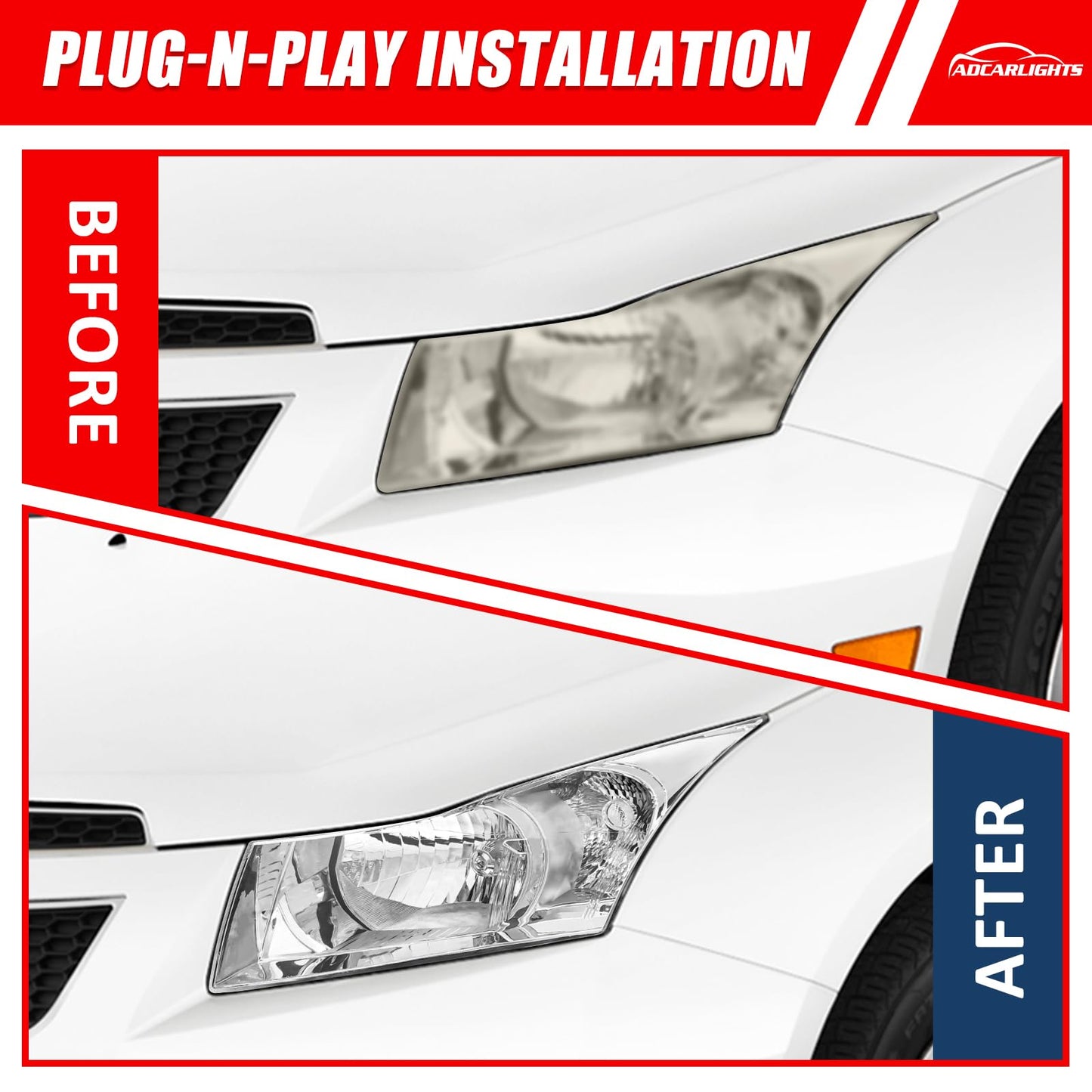 ADCARLIGHTS Headlight Assembly for 2011 2012 2013 2014 2015 Chevy Cruze LS/LT/LTZ 2016 Chevrolet Cruze Limited Chrome Housing with Clear Reflector Headlamp Replacement Pair（W/O Bulbs）