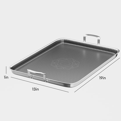 Cooker King 19 x 13 Inch Hybrid Honeycomb Stainless Steel Double Burner Griddle Pan, 3-Ply Nonstick Flat Top Grill Plate & Rectangular Roasting Pan, Metal Utensil Safe, Induction Ready, Oven-Safe