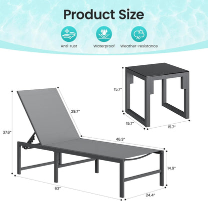 Amopatio 3-Piece Patio Lounge Chair Set - Adjustable Outdoor Chaise with Side Table | Weather-Resistant Gray, 400 LBS Capacity