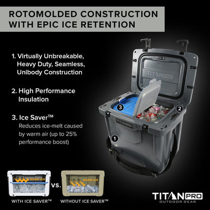 Titan PRO High Performance Ice Chest - 25 Quart Capacity - Hard Cooler with Interior LED Light, Ice Saver Performance Booster and Microban Protection - Granite Gray