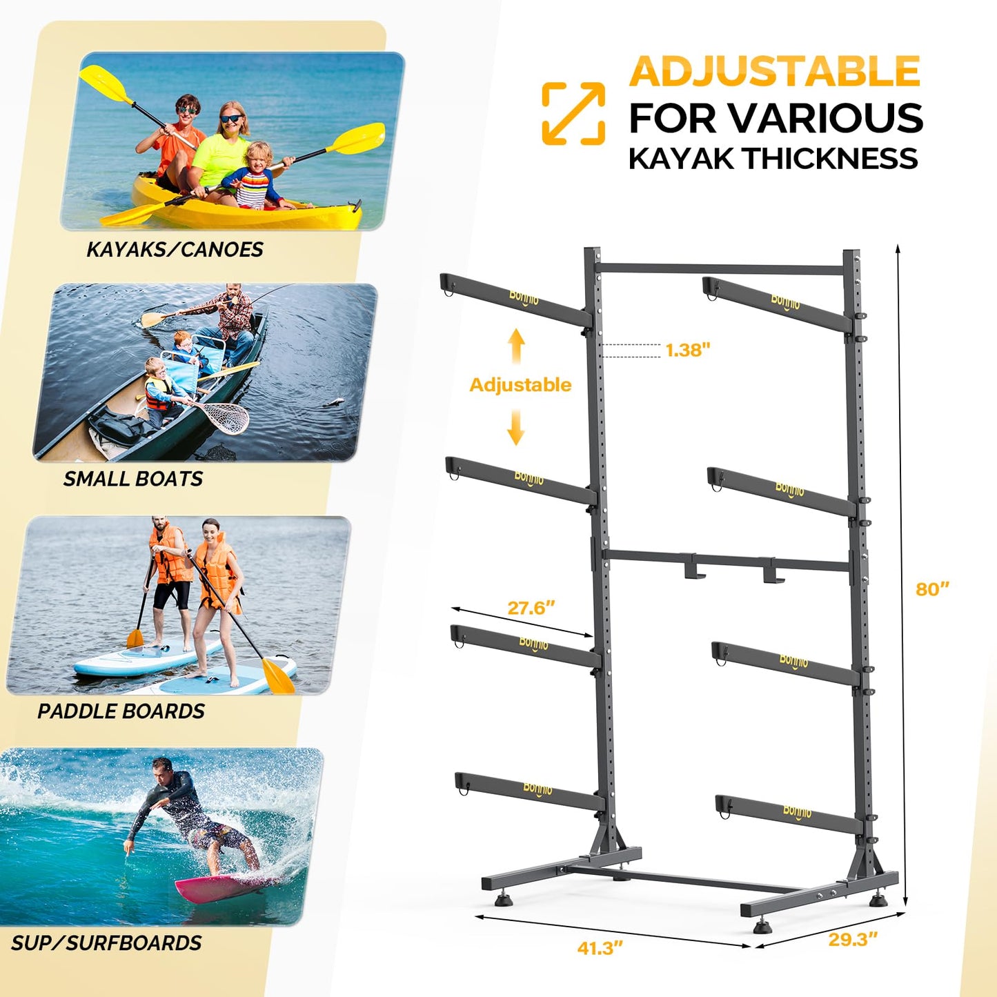 Bonnlo Kayak Storage Rack - Adjustable Heavy Duty Rack for 4 Kayaks or Paddle Boards, Paddle Holder for Garage, Holds up to 548 lbs, Spacesaver, Gentle on Padding, Boat Organizer