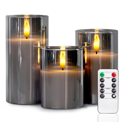 5plots Glass Battery Operated Grey Flameless Candles with Remote Timer, 3D Wick Real Wax Pillar Led Candles Warm Flickering Light for Indoor Home, Halloween, Christmas Decor D3 x H4 5" 6"