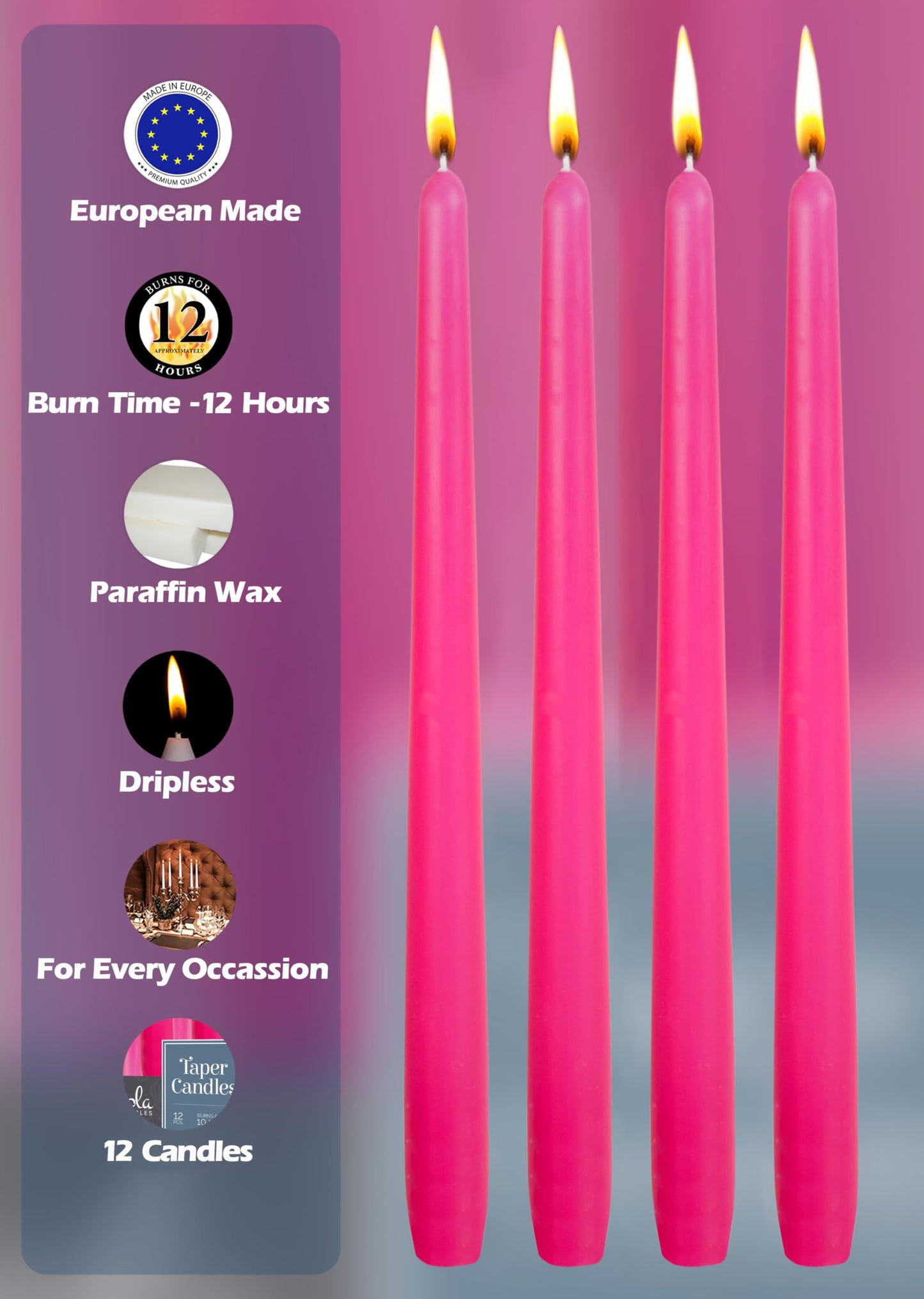Hyoola 12 Pack Tall Taper Candles - 14 Inch Hot Pink - Fuchsia Dripless, Unscented Dinner Candle - Paraffin Wax with Cotton Wicks - 12 Hour Burn Time