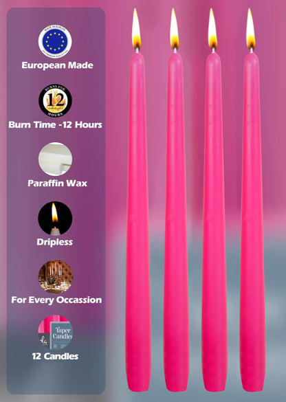 Hyoola 12 Pack Tall Taper Candles - 14 Inch Hot Pink - Fuchsia Dripless, Unscented Dinner Candle - Paraffin Wax with Cotton Wicks - 12 Hour Burn Time