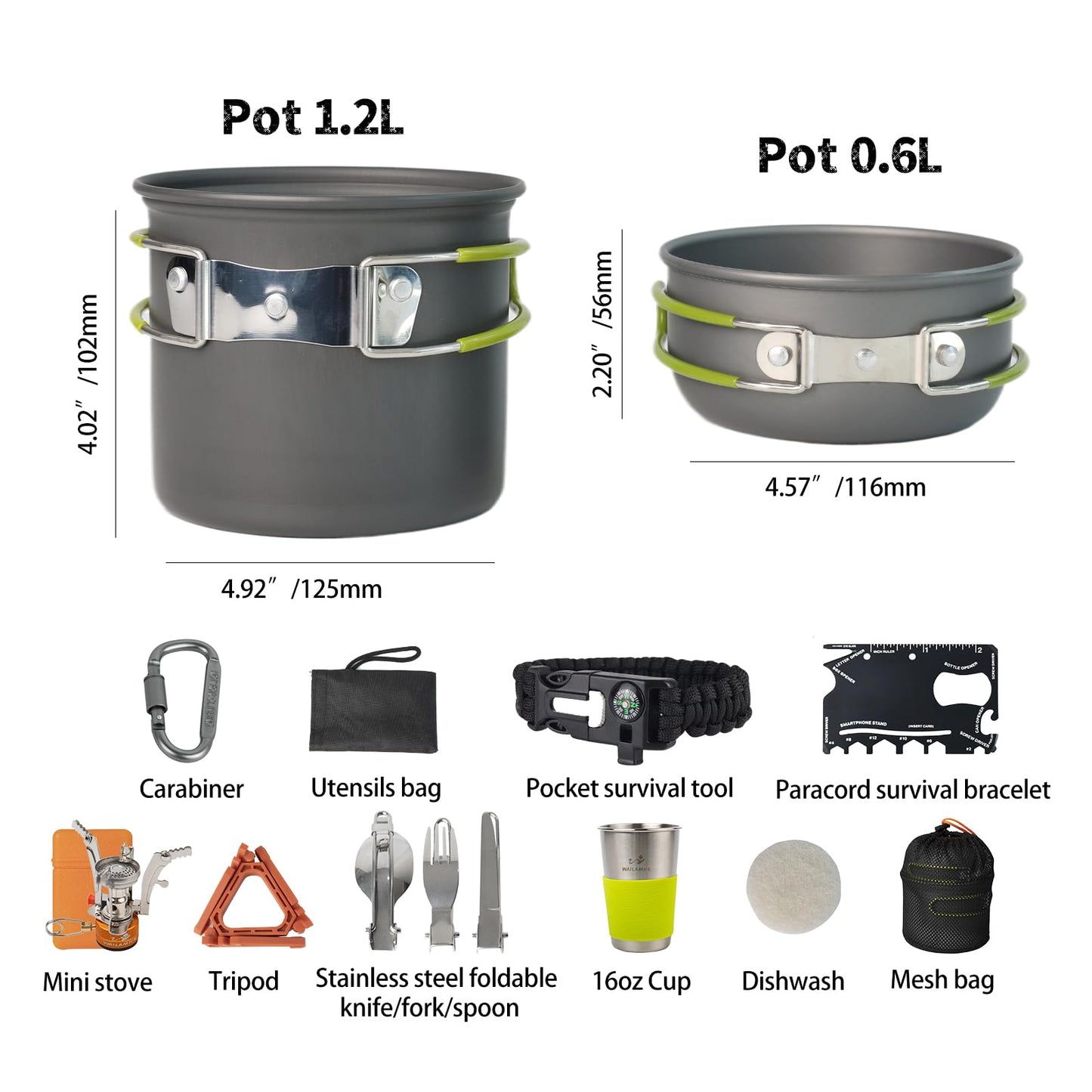 WAILAMHK Camping Cookware Mess Kit, 16 pcs Backpacking Cooking Set, Lightweight Camping Pots and Stove Set for 1-2 Person, Outdoor Cooking Gear Ideal for Camping, Hiking, Backpacking and Picnic