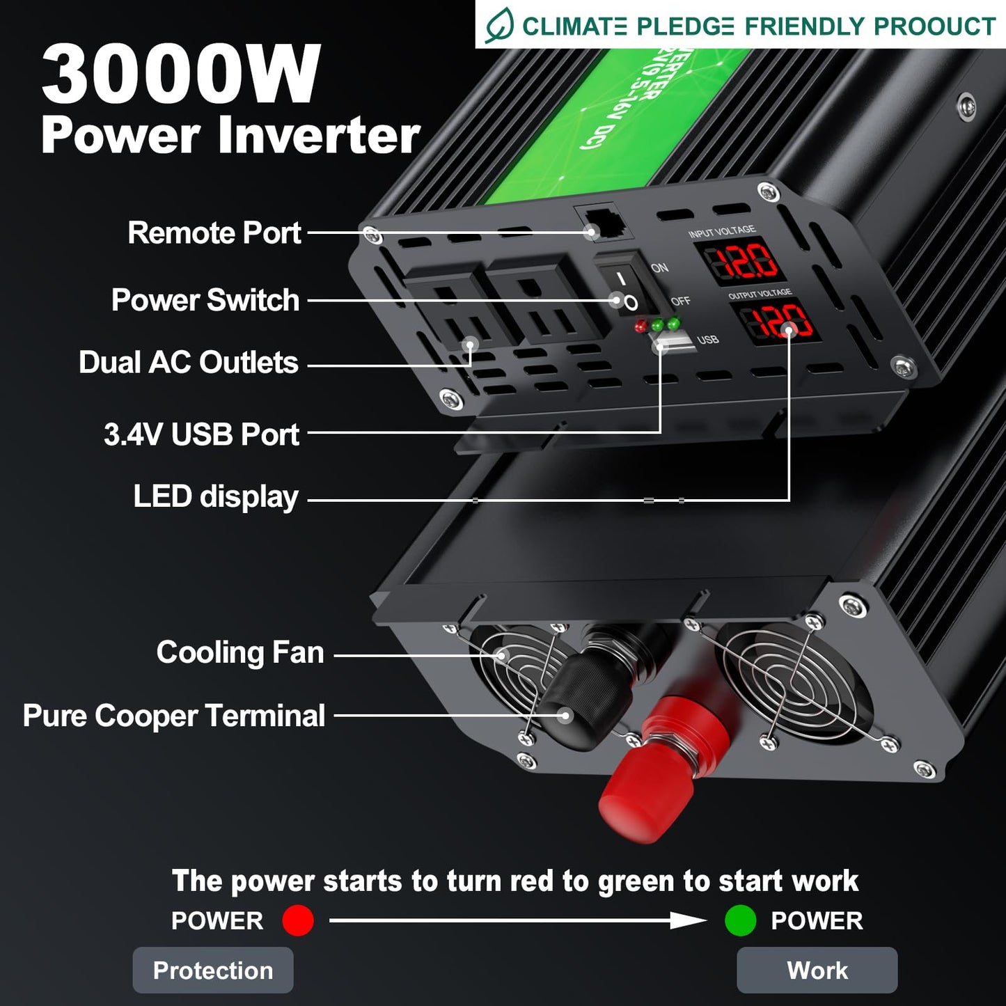 3000W Power Inverter 12V DC to 110V/120V AC Converter, 6000W Peak, LCD Display & Remote Control, Dual AC Outlets & 3.4A USB Port for RV, Truck, Solar System, Emergency Backup, Camping & Off-Grid Power