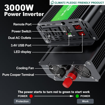 3000W Power Inverter 12V DC to 110V/120V AC Converter, 6000W Peak, LCD Display & Remote Control, Dual AC Outlets & 3.4A USB Port for RV, Truck, Solar System, Emergency Backup, Camping & Off-Grid Power