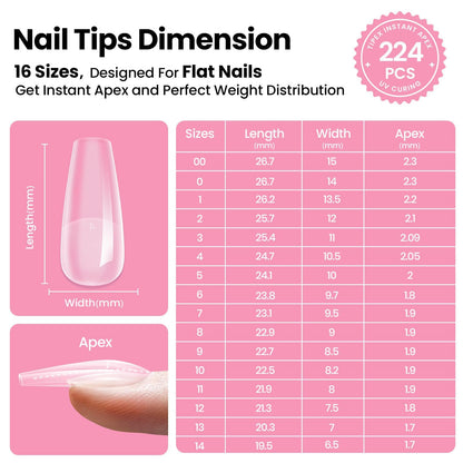 Beetles Tipex Instant Apex Nail Tips Kit, Coffin Long 224Pcs 16 Sizes Pre-Building & Pre-Etched Thicker Acrylic Nails False Nail Extension with Tipex Nail Glue Mini Nail Lamp